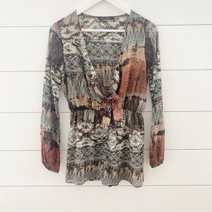 Honey Punch Blue and Brown Tribal Western Tie Front Romper Size M